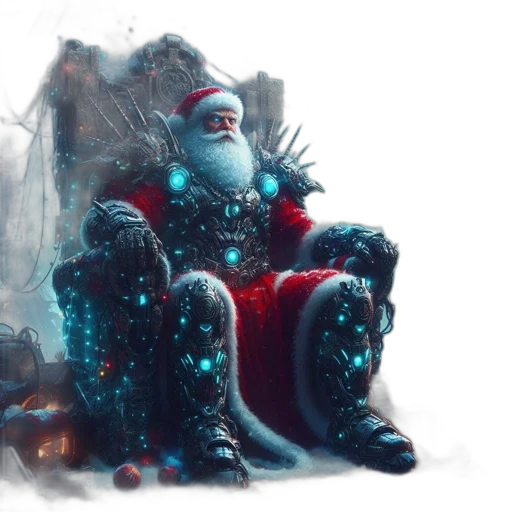 concept art, fantasy art, 3d render, futuristic, santa, claus, adorned, blue-glowing transparent PNG cut-out