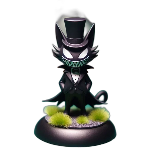 concept art, 3d render, black, cat, figurine, formal, attire, stands transparent PNG cut-out