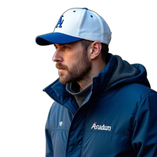jacket, hat, staff, man, wearing, blue, white, cap transparent PNG cut-out