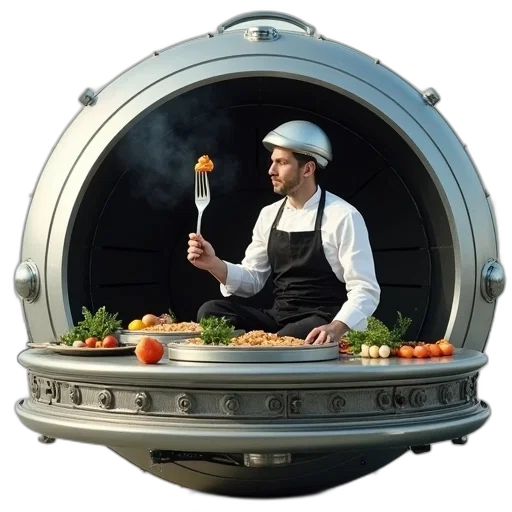 staff, food, robot, hat, 3d render, concept art, photorealistic, outer space transparent PNG cut-out
