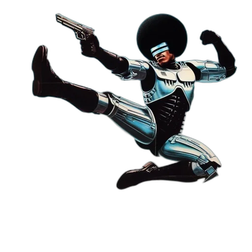robot, weapon, comic book art, concept art, outer space, poster, retrocop, cop transparent PNG cut-out