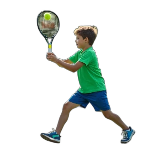 young, boy, green, shirt, blue, shorts, playing, tennis transparent PNG cut-out