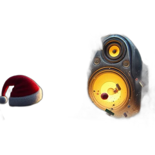 weapon, robot, mask, hat, concept art, 3d render, illuminated, festive transparent PNG cut-out