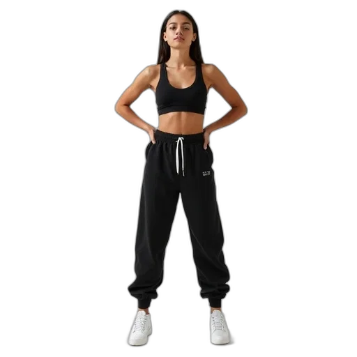 jacket, woman, standing, her, hands, hips, wearing, black transparent PNG cut-out
