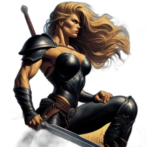 sword, comic book art, fantasy art, concept art, pixel art, female, warrior, long transparent PNG cut-out