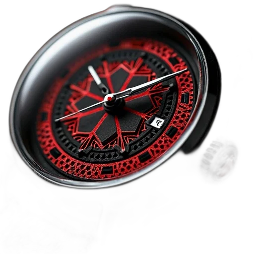 jewelry, 3d render, photorealistic, concept art, red, black, wristwatch, geometric transparent PNG cut-out
