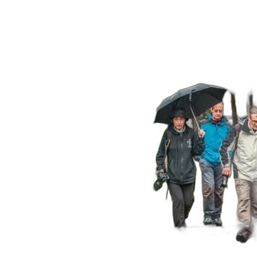 umbrella, jacket, staff, rain, three, individuals, walk, along transparent PNG cut-out