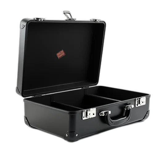 staff, black, hardshell, suitcase, silver, latch, open, revealing transparent PNG cut-out