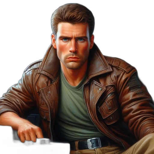 jacket, comic book art, concept art, photorealistic, cyberpunk, earth tones, man, seated transparent PNG cut-out