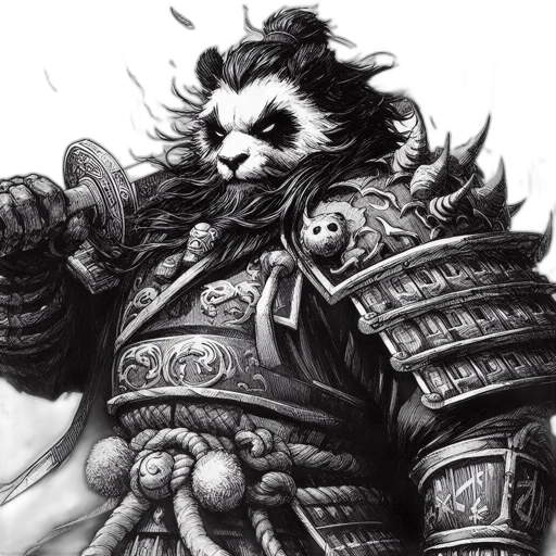 fantasy art, concept art, comic book art, photorealistic, monochrome, illustrated, warrior, panda transparent PNG cut-out