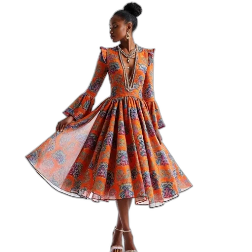 dress, colorful, woman, wearing, vibrant, patterned, flared, skirt transparent PNG cut-out