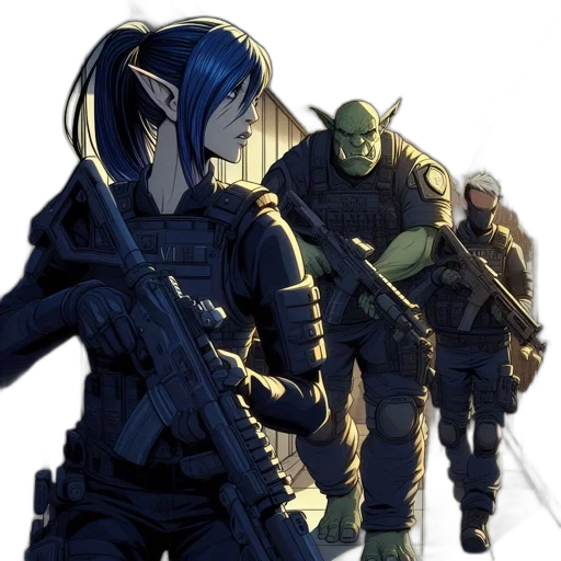 weapon, concept art, comic book art, cyberpunk, anime, outer space, city street, green transparent PNG cut-out