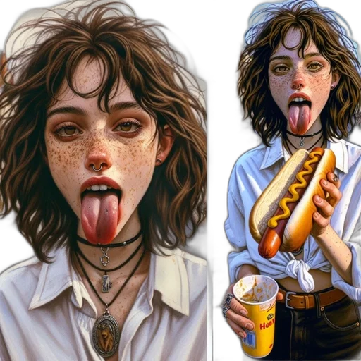 food, photorealistic, concept art, comic book art, fantasy art, neon lights, young, woman transparent PNG cut-out