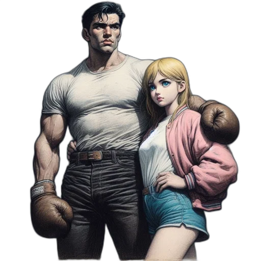 jacket, comic book art, concept art, pixel art, fantasy art, two, individuals, muscular transparent PNG cut-out