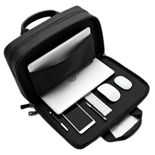 black, laptop, bag, multiple, compartments, open, displaying, contents transparent PNG cut-out
