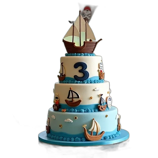 3d render, three-tiered, birthday, cake, nautical, theme, displayed, glass transparent PNG cut-out