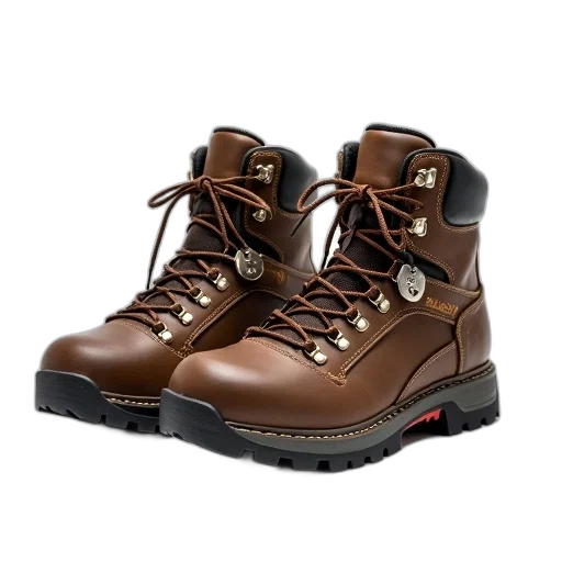 shoes, 3d render, photorealistic, pair, brown, hiking, boots, rugged transparent PNG cut-out