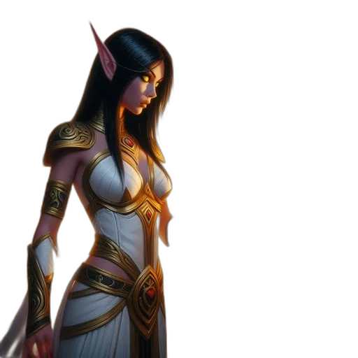 fantasy art, concept art, 3d render, pixel art, elven, female, white-and-gold, outfit transparent PNG cut-out