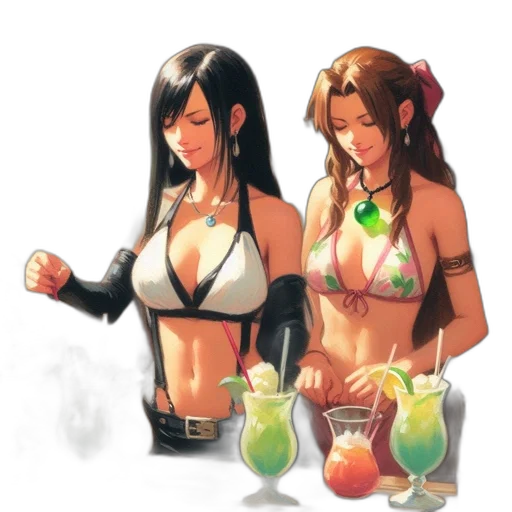 concept art, fantasy art, pixel art, comic book art, beach, green, two, female transparent PNG cut-out