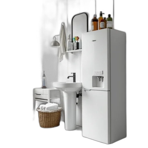 3d render, modern, bathroom, tiled, floor, walls, there, white transparent PNG cut-out
