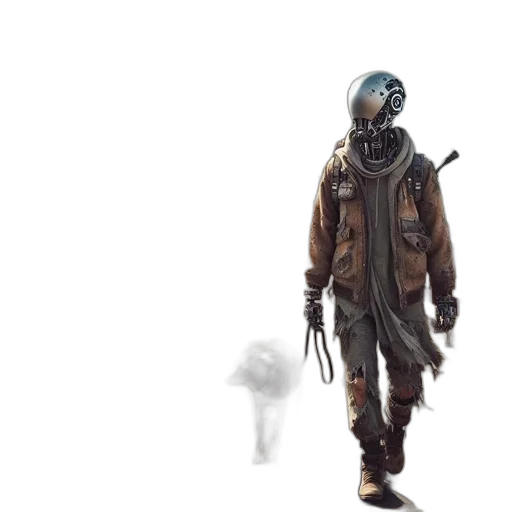 mask, jacket, robot, creature, concept art, cyberpunk, 3d render, comic book art transparent PNG cut-out