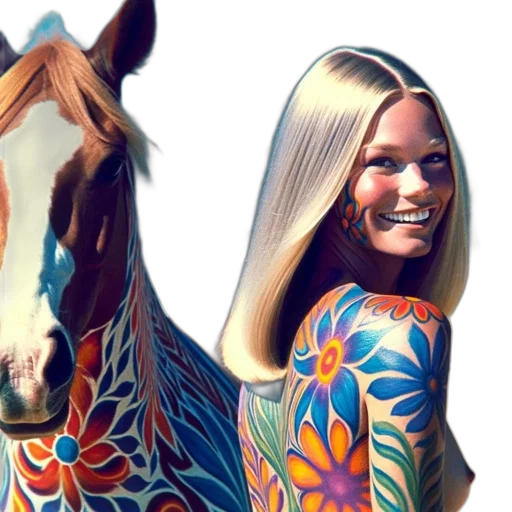 photorealistic, 3d render, fantasy art, concept art, woman, next, painted, horse transparent PNG cut-out