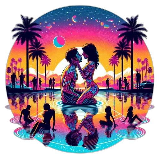 concept art, vaporwave, pixel art, neon lights, sunset, beach, outer space, neon transparent PNG cut-out
