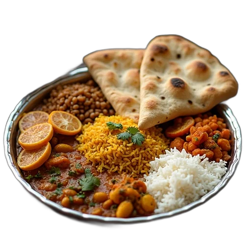 food, photorealistic, silver, platter, filled, variety, indian, dishes transparent PNG cut-out