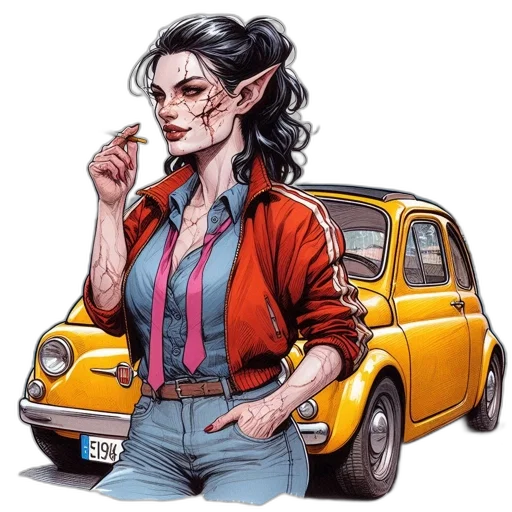 car, jacket, face, comic book art, concept art, cartoon, fantasy art, city street transparent PNG cut-out