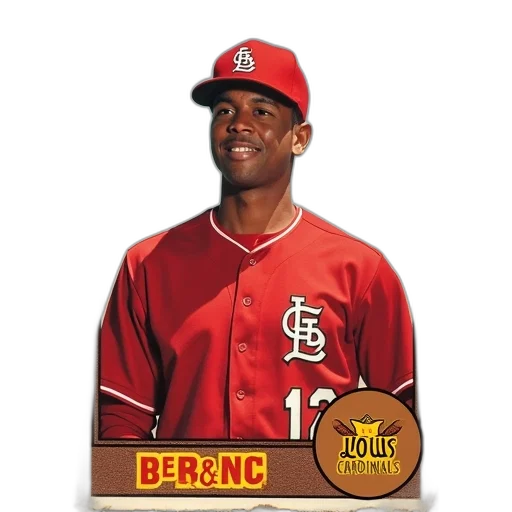 baseball, card, featuring, player, red, cap, jersey, number transparent PNG cut-out