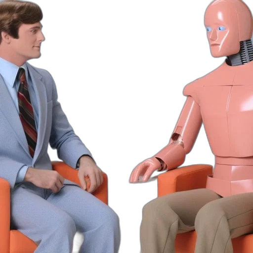 robot, furniture, man, sit, together, orange, chairs, potted transparent PNG cut-out