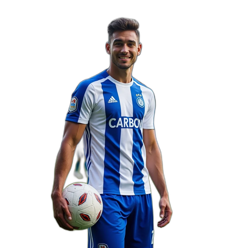 man, standing, soccer, field, wearing, blue, white, uniform transparent PNG cut-out
