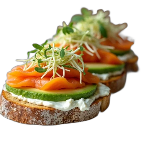 food, photorealistic, 3d render, plate, open-faced, sandwiches, variety, toppings transparent PNG cut-out