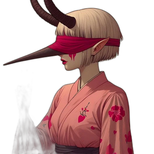 mask, staff, hat, creature, concept art, fantasy art, anime, 3d render transparent PNG cut-out