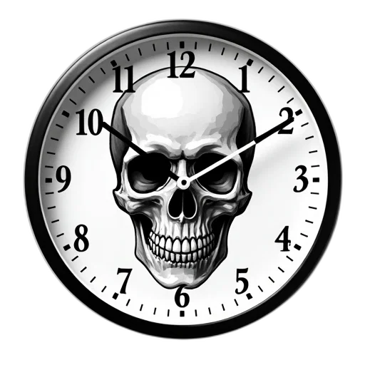 photorealistic, black, white, clock, skull, design, face, centered transparent PNG cut-out