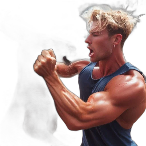 weapon, photorealistic, watercolor, concept art, oil painting, muscular, man, blue transparent PNG cut-out