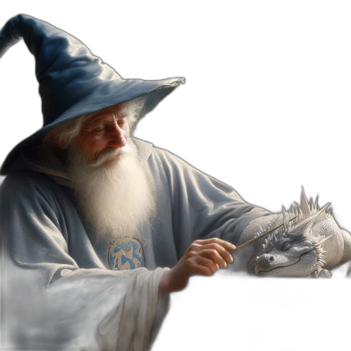 dragon, hat, staff, creature, fantasy art, concept art, photorealistic, oil painting transparent PNG cut-out
