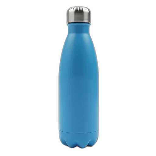 bottle, 3d render, blue, water, metallic, cap, black, label transparent PNG cut-out