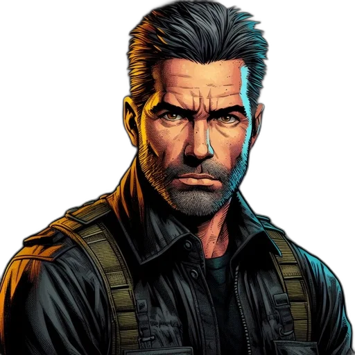 comic book art, concept art, pixel art, cartoon, rugged, bearded, man, military-style transparent PNG cut-out