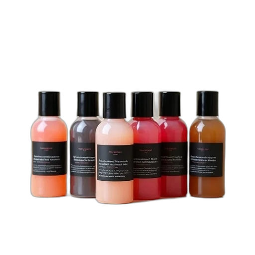 collection, six, identical, bottles, black, caps, labels, each transparent PNG cut-out