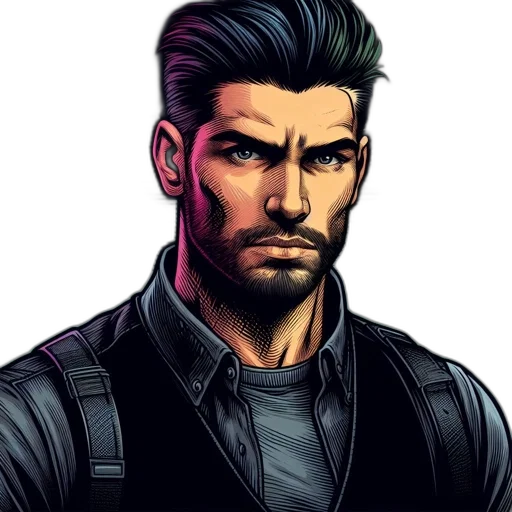 face, jacket, comic book art, cartoon, concept art, pixel art, detailed, portrait transparent PNG cut-out