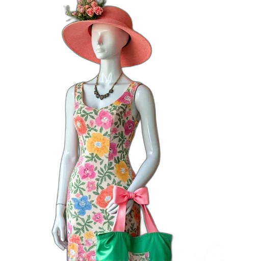 dress, hat, photorealistic, colorful, green, neon, pastel, mannequin transparent PNG cut-out