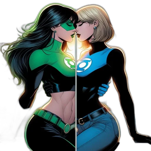 comic book art, concept art, neon lights, green, two, female, superheroes, one transparent PNG cut-out