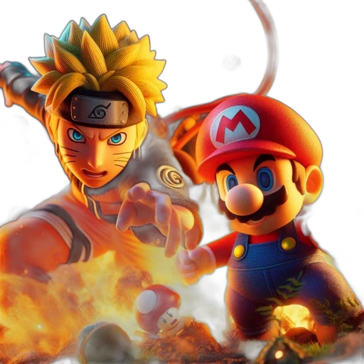 concept art, 3d render, pixel art, fantasy art, fire, mario, anime-style, character transparent PNG cut-out