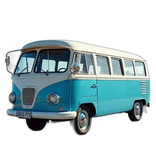 car, 3d render, photorealistic, concept art, vintage, bus, blue, white transparent PNG cut-out
