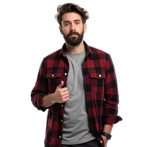 jacket, furniture, staff, face, red, man, beard, wearing transparent PNG cut-out