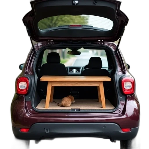 car, furniture, compact, trunk, open, revealing, wooden, table transparent PNG cut-out
