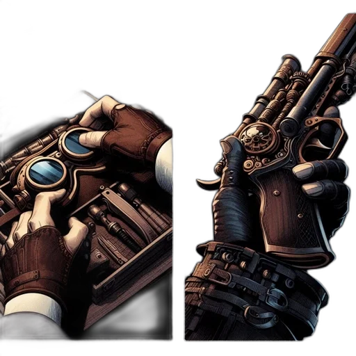 weapon, robot, concept art, 3d render, photorealistic, cyberpunk, earth tones, dark transparent PNG cut-out