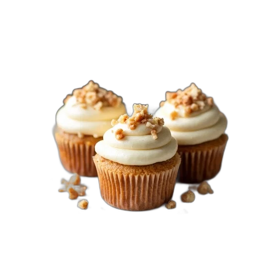food, 3d render, plate, three, cupcakes, topped, white, frosting transparent PNG cut-out