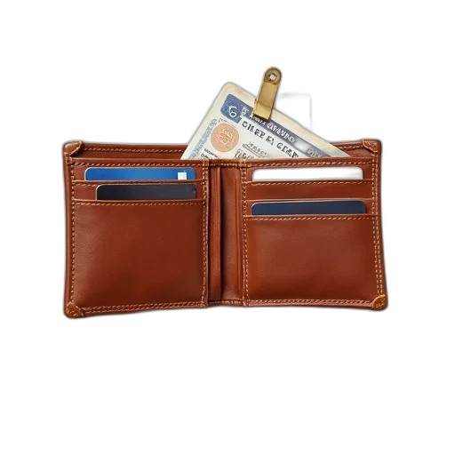 brown, leather, wallet, open, white, background, displaying, contents transparent PNG cut-out